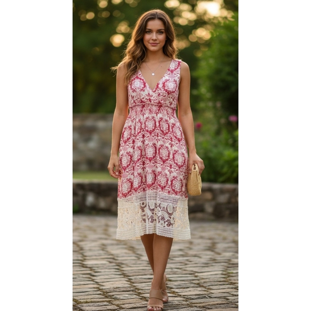 Sundays in Brooklyn Red & White Crochet Midi Vneck dress Size M